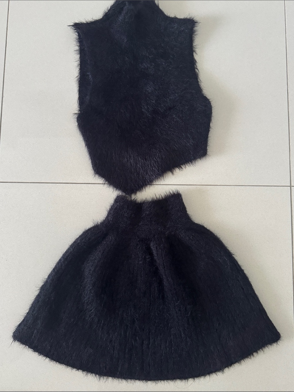 Fuzzy Two-Piece Mini Skirt Set in Black
